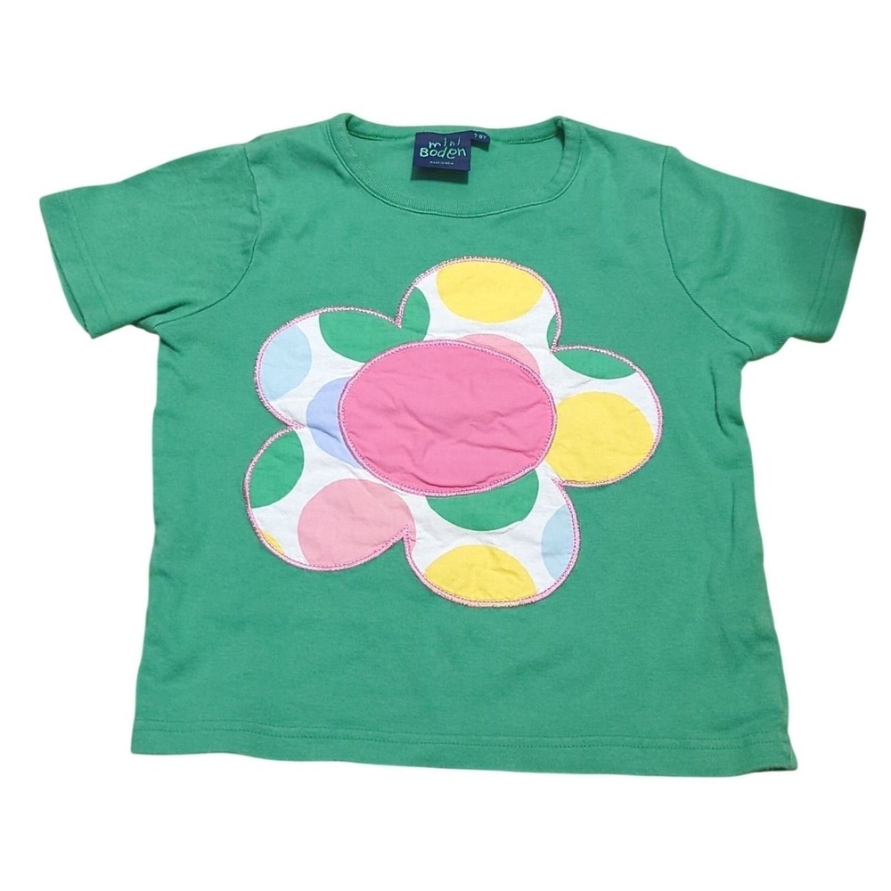 Mini Boden Girls Size 7-8Y Green Short Sleeve Flower Applique Polka Dot T-Shirt